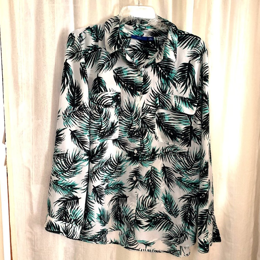 Apt 9 XXL Blouse White Green Black Floral Print